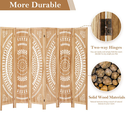Aletheiawu 6 Panel Wood Carved Room Dividers, Folding Screens, No Installation Required, Light Brown