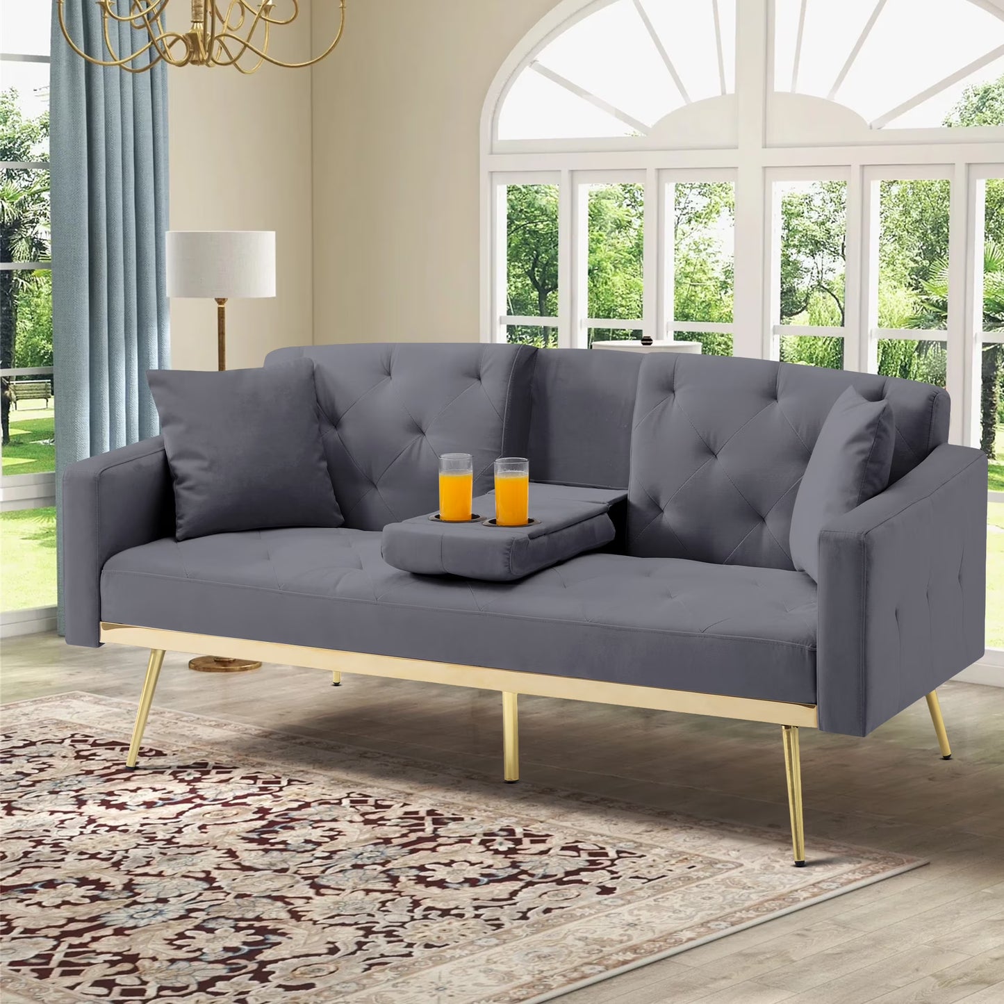 Aukfa 75" Square Arm Futon Convertible Sofa Bed for Home Office, 2 Cup Holders, Linen, Dark Gray