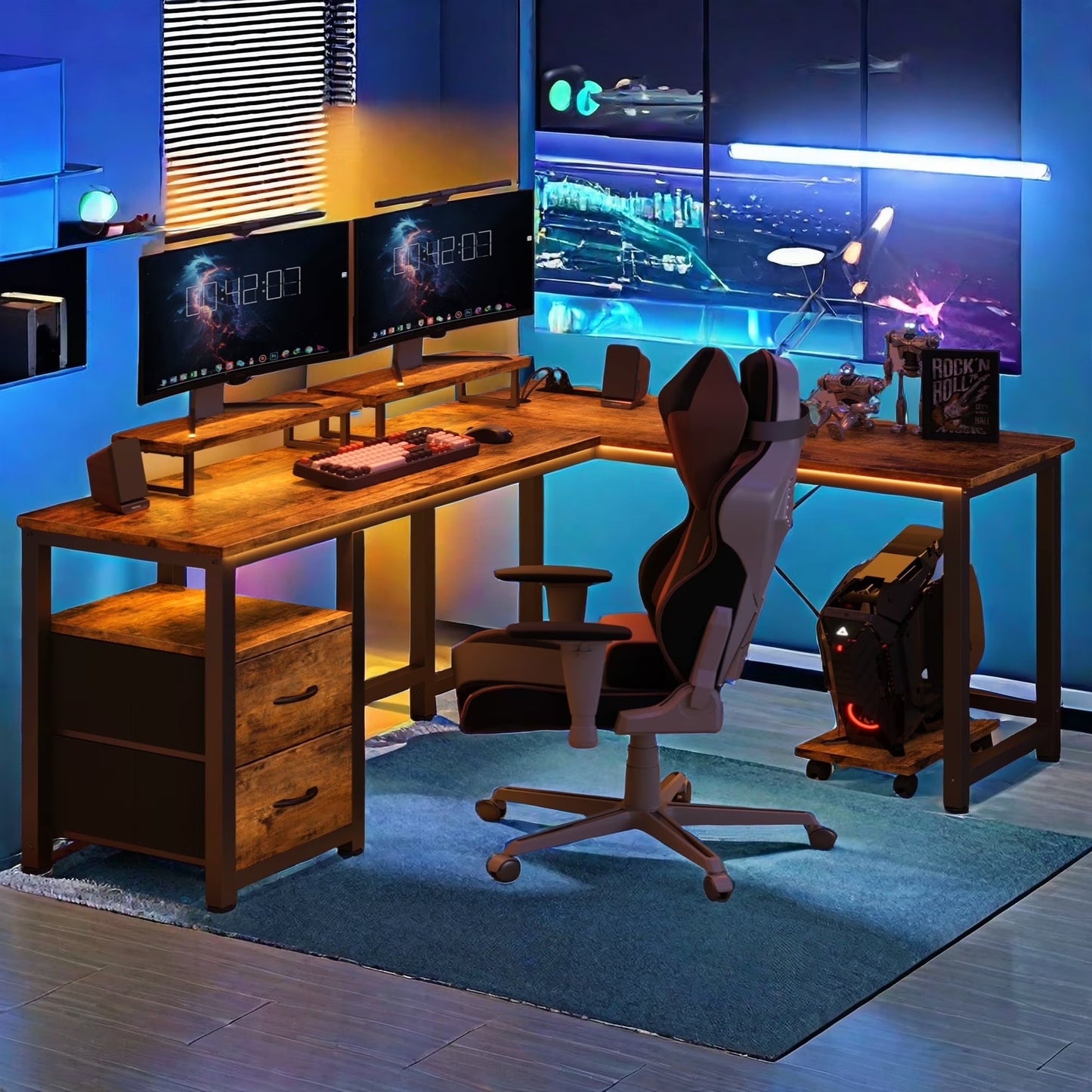 66" L Shaped Computer Desk with Power Outlets, Gaming Desk with Shelf and Drawers for Home Office, Black