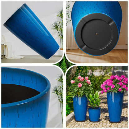 24,21,10 inch Large Planter for Indoor & Outdoor Plants, Set of 3, Sturdy Plant Flower Pots Modern Decor for Front Porch Patio,Blue