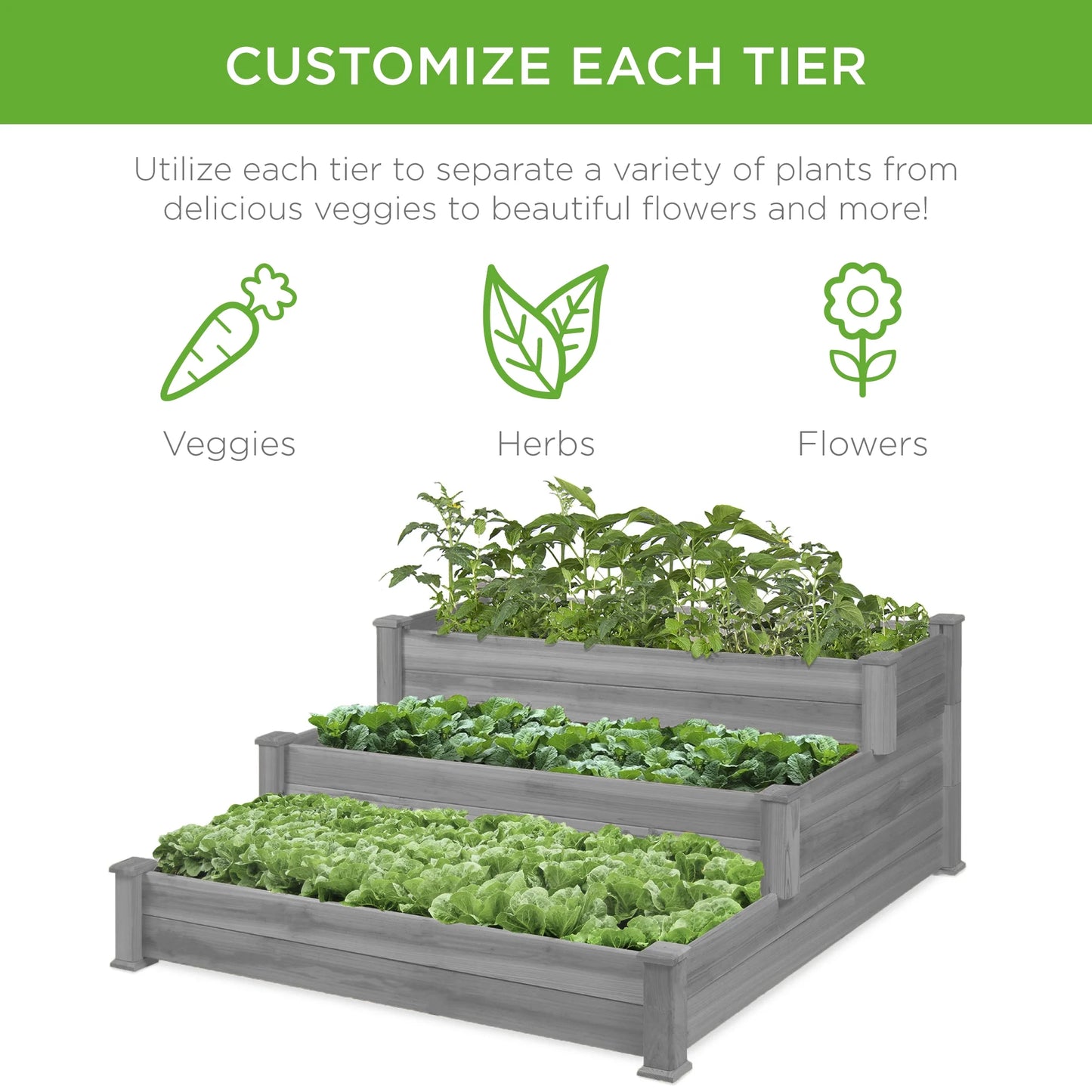 Best Choice Products 3-Tier Fir Wood Raised Garden Bed Planter for Plants, Vegetables, Outdoor Gardening - Gray