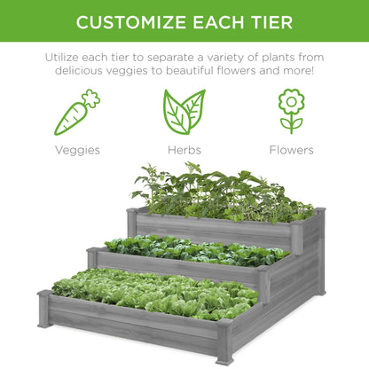 Best Choice Products 3-Tier Fir Wood Raised Garden Bed Planter for Plants, Vegetables, Outdoor Gardening - Gray