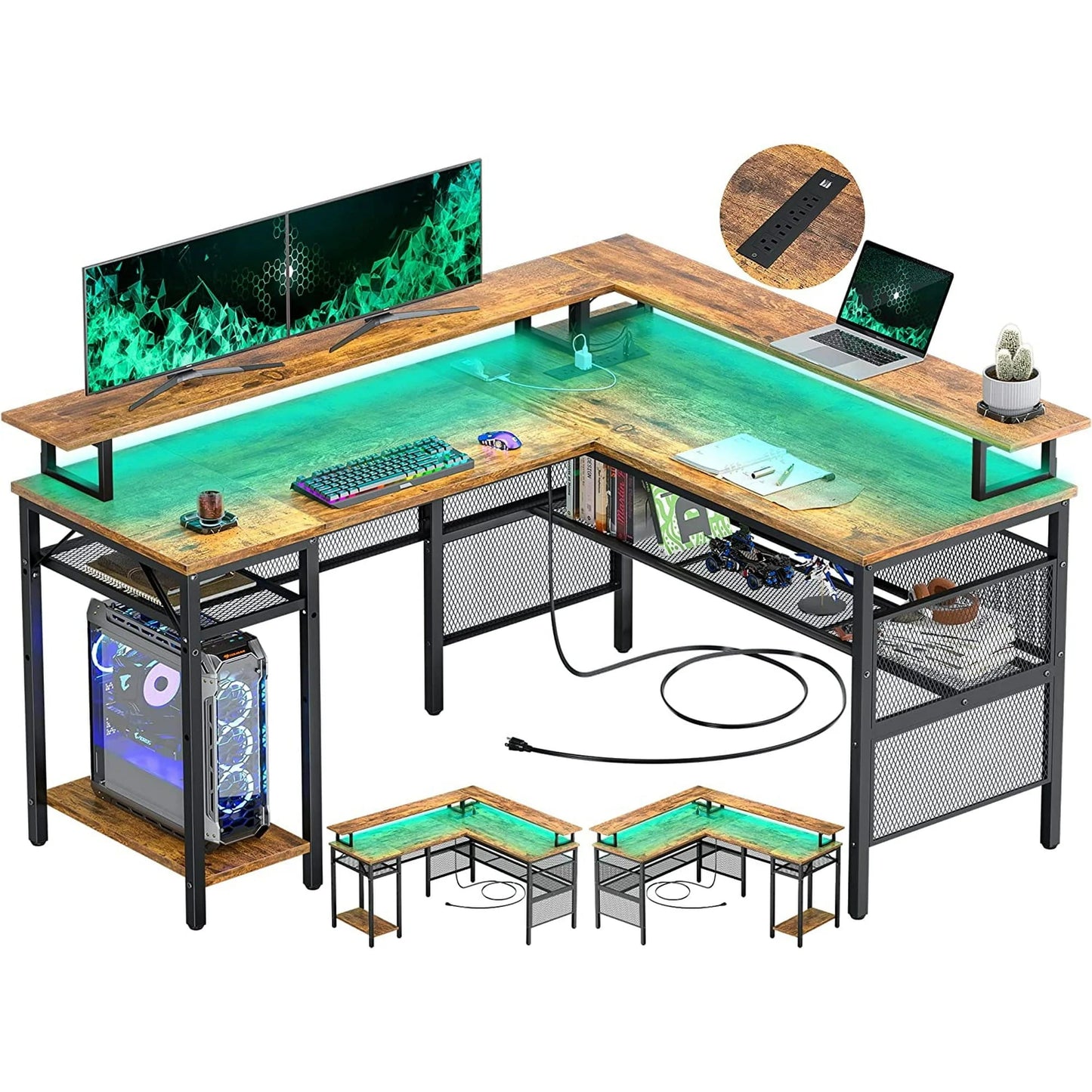 Homieasy L Shaped Desk with Power Outlets and LED Light, 55 inch Reversible L-Shaped Gaming Desk with Monitor Stand, Ergonomic Corner Computer Desk with Storage Shelf for Home Office, Rustic Brown