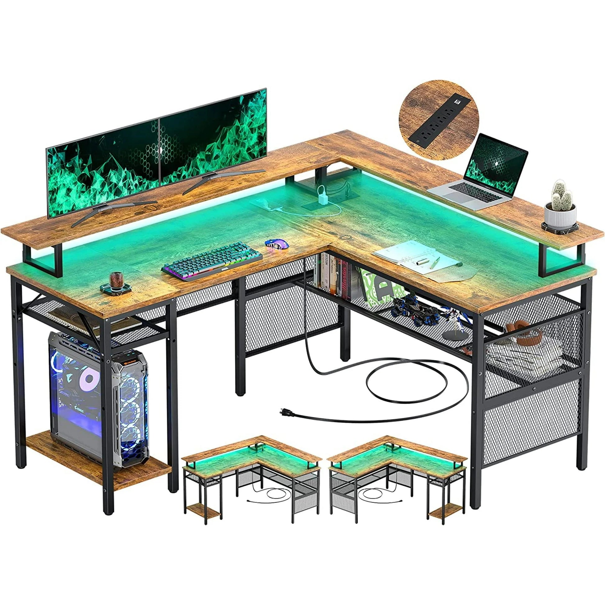 Homieasy L Shaped Desk with Power Outlets and LED Light, 55 inch Reversible L-Shaped Gaming Desk with Monitor Stand, Ergonomic Corner Computer Desk with Storage Shelf for Home Office, Rustic Brown