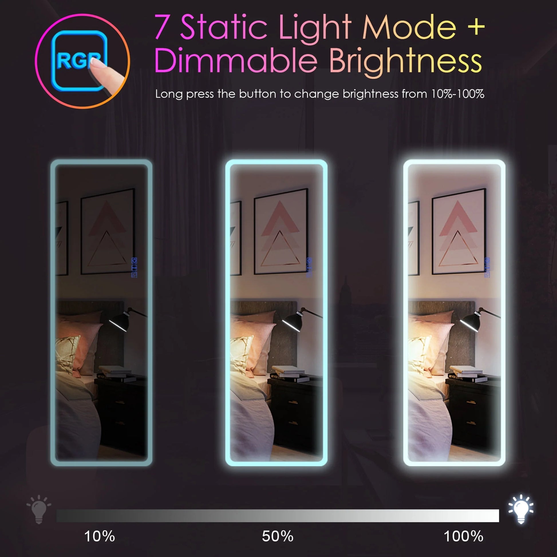 LVSOMT 47"x16" Full Length Mirror with Lights, RGB Color Changing Lighted Mirror, Wall Mounted Full Body Mirror, Over The Door Hanging Mirror, 14 LED Light + Dimmable Brightness + Adjustable Speed