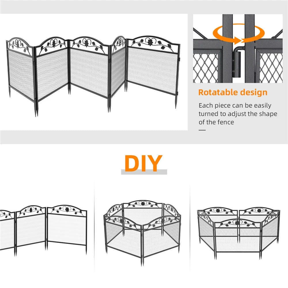 UNHO 5Panel Garden Fence Rustproof Wrought Iron Outdoor Flower Bed Animal Barrier Dog Pet Fence