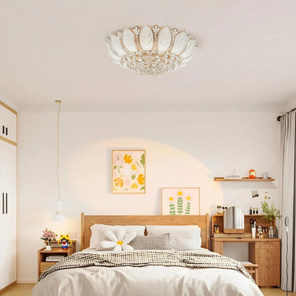 Crystal Ceiling Lamp Modern Chandelier 110V Gold Flower Shape Pendant Light Fixture 23.5 in Bedroom Flush Mount Hanging Lamp for Living Room Bedroom Hallway (No Remote Control)