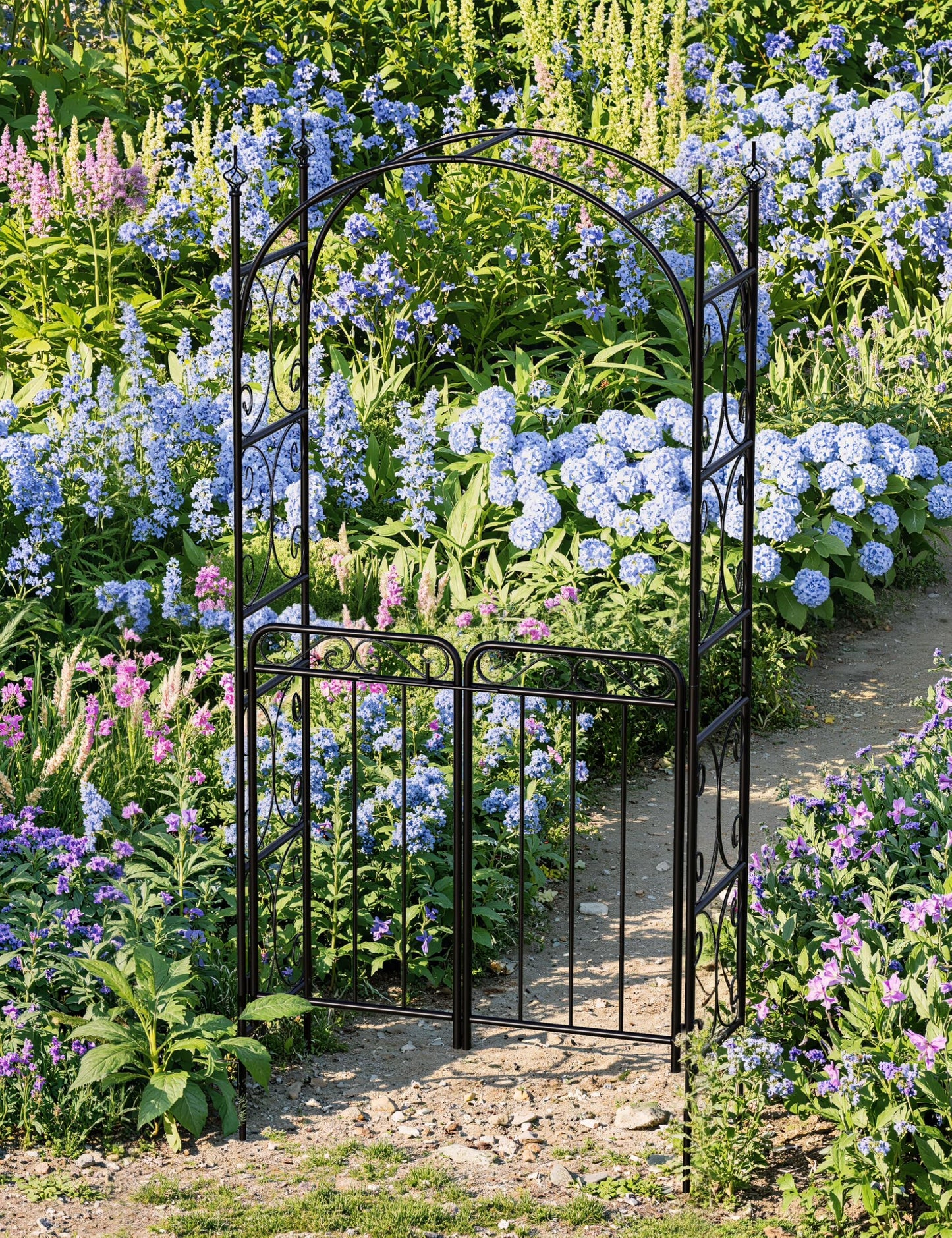 Kselythan 8FT Black Garden Arch with Gate,Heavy-Duty Metal Arbor for Wedding Decor,Garden Arbor Trellis for Climbing Plants,Sturdy Steel Archway for Climbing Roses & Vines,Perfect for Patio,Backyard