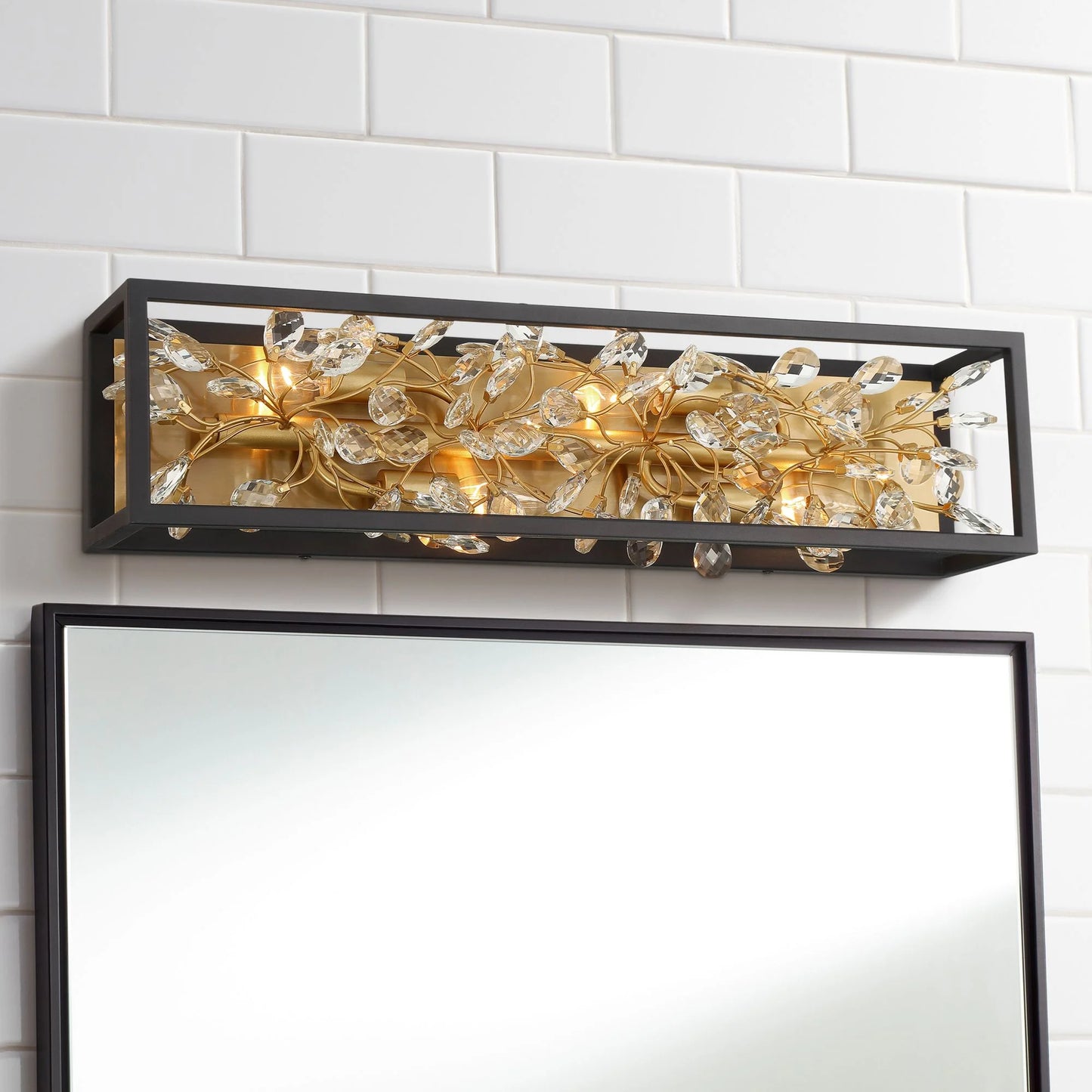 Possini Euro Design Modern Wall Lights Set of 2 Black Gold Plated Hardwired 6" 4-Light Fixture Clear Crystal Flower Vine for Bedroom Bathroom Vanity