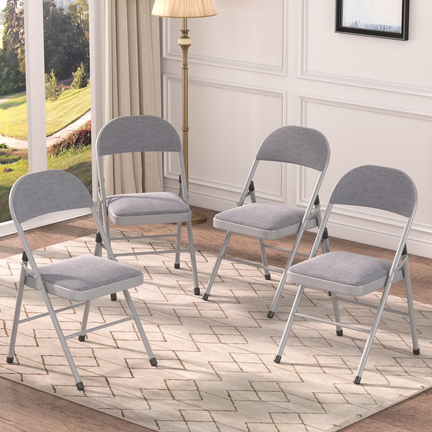 VECELO Set of 4 Folding Chairs, Fabric Dining Chair Set with Padded Cushion and Back, Indoor Outdoor Upholstered Seat with Metal Frame for Home Office Events Wedding Party, Orange