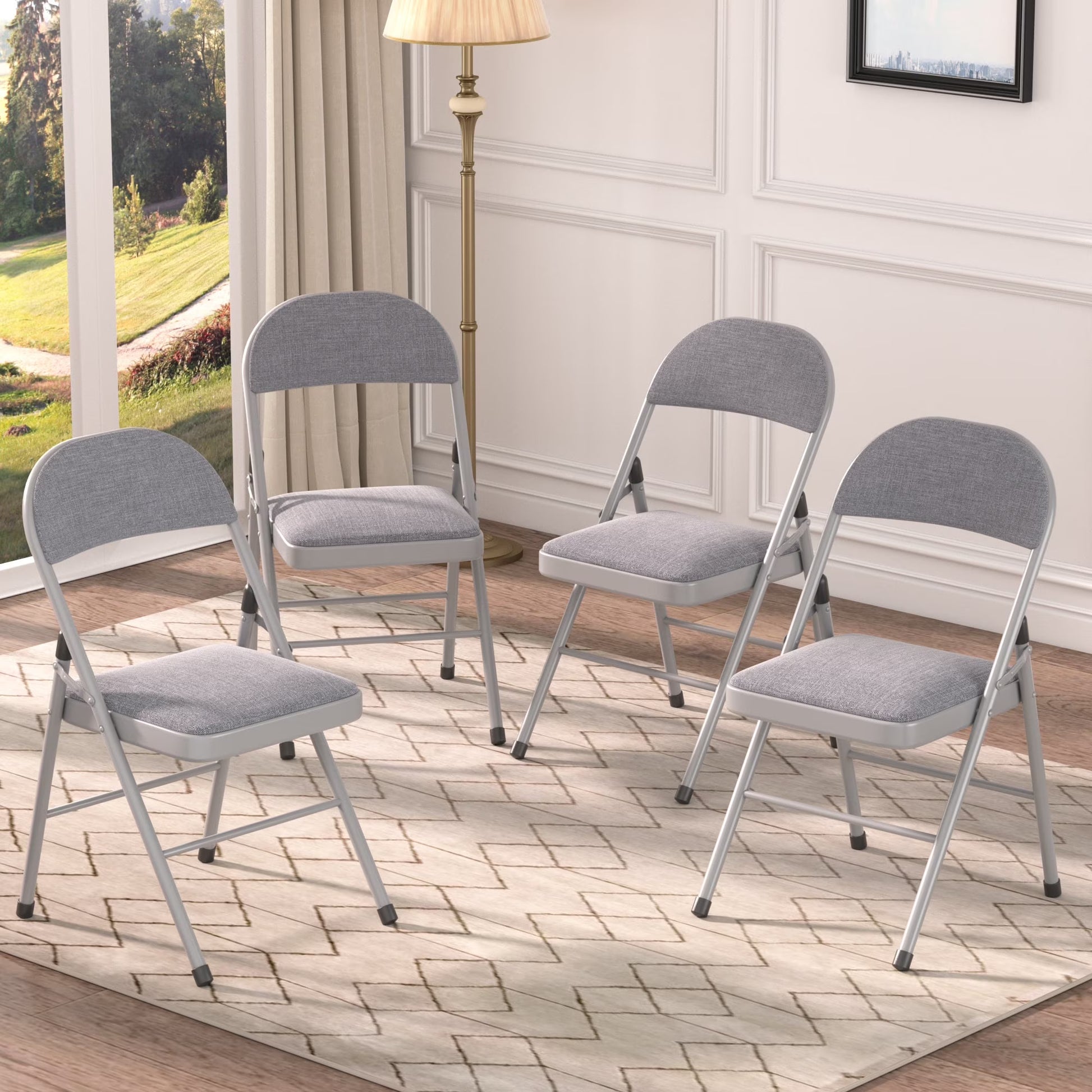 VECELO Set of 4 Folding Chairs, Fabric Dining Chair Set with Padded Cushion and Back, Indoor Outdoor Upholstered Seat with Metal Frame for Home Office Events Wedding Party, Orange