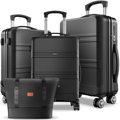 4 Piece Hardshell Luggage Sets, 3 Set Hardside Lightweight Suitcase with Duffel Bag Carry on Travel Luggage with TSA Lock Spinner Wheels, 20in24in28in, Black