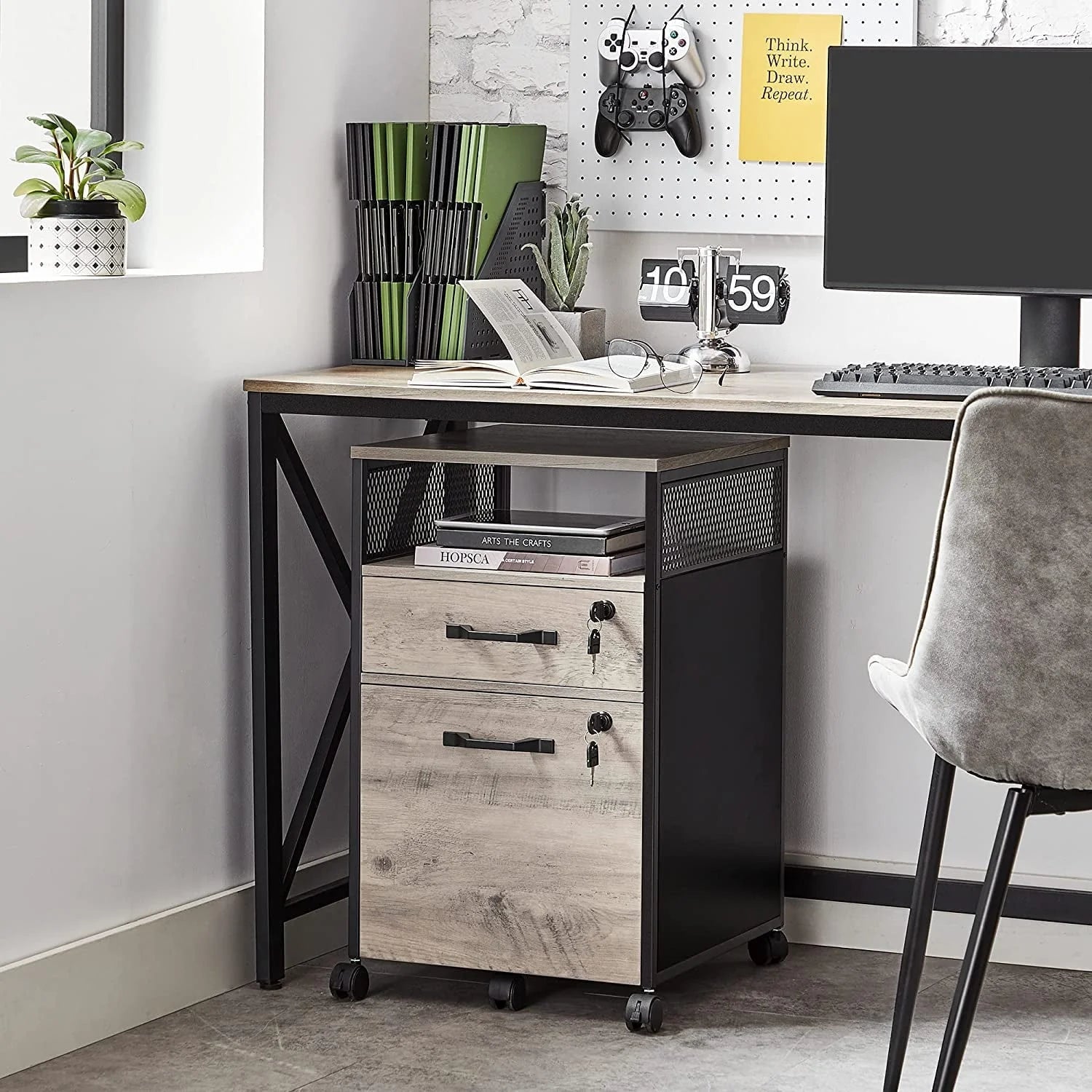 VASAGLE File Cabinet with Lock Filing Cabinet with 2 Storage Drawers for Home Office Open Shelf Greige and Black