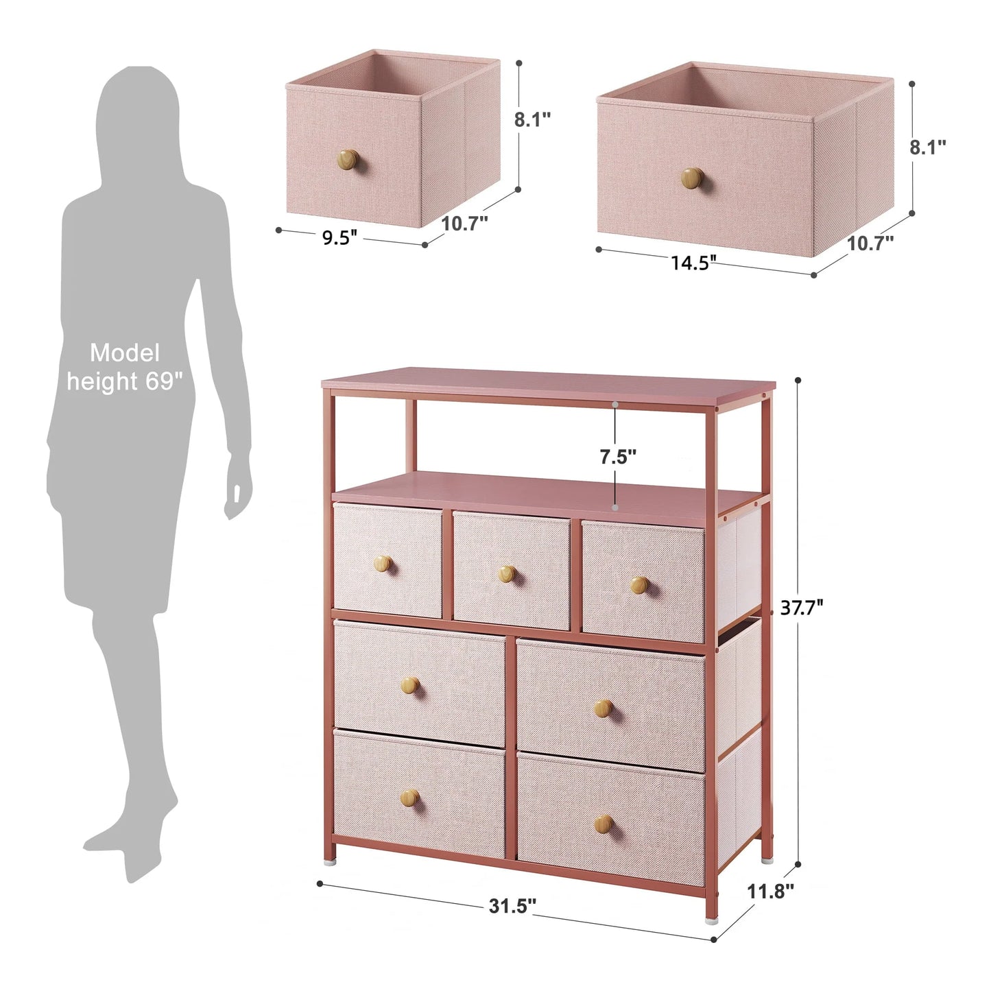 EnHomee Dressers for Bedroom with 7 Drawers Pink Dresser Fabric Chest of Drawers with Shelves Portable Storage Tower Small Dresser for Living Room Nursery Guest Room