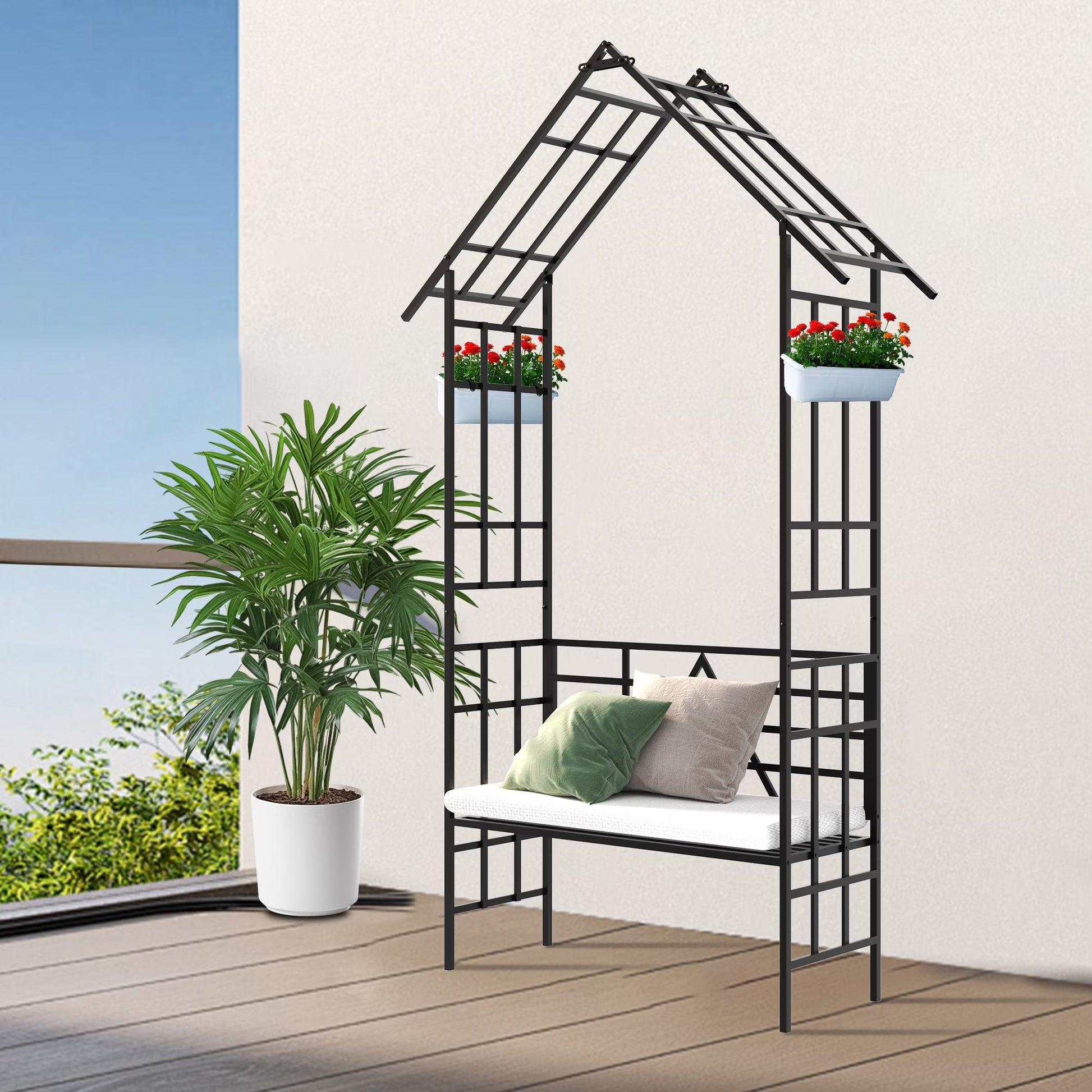 Yoneston 97.24"H Metal Garden Arch with Bench, Turned into Flower Stand for Climbing Plants, Support Rose Arch Outdoor, Black