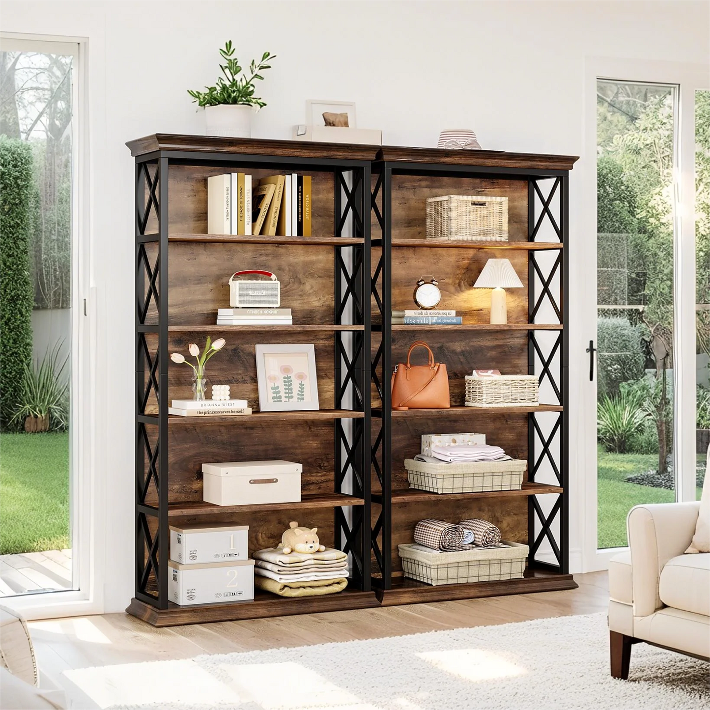 Fnova 71" 5-Tier Tall Bookshelf, Industrial Wood Bookcase with Metal Frame, Floor Standing Display Storage Shelves for Home Office, Living Room, Bedroom