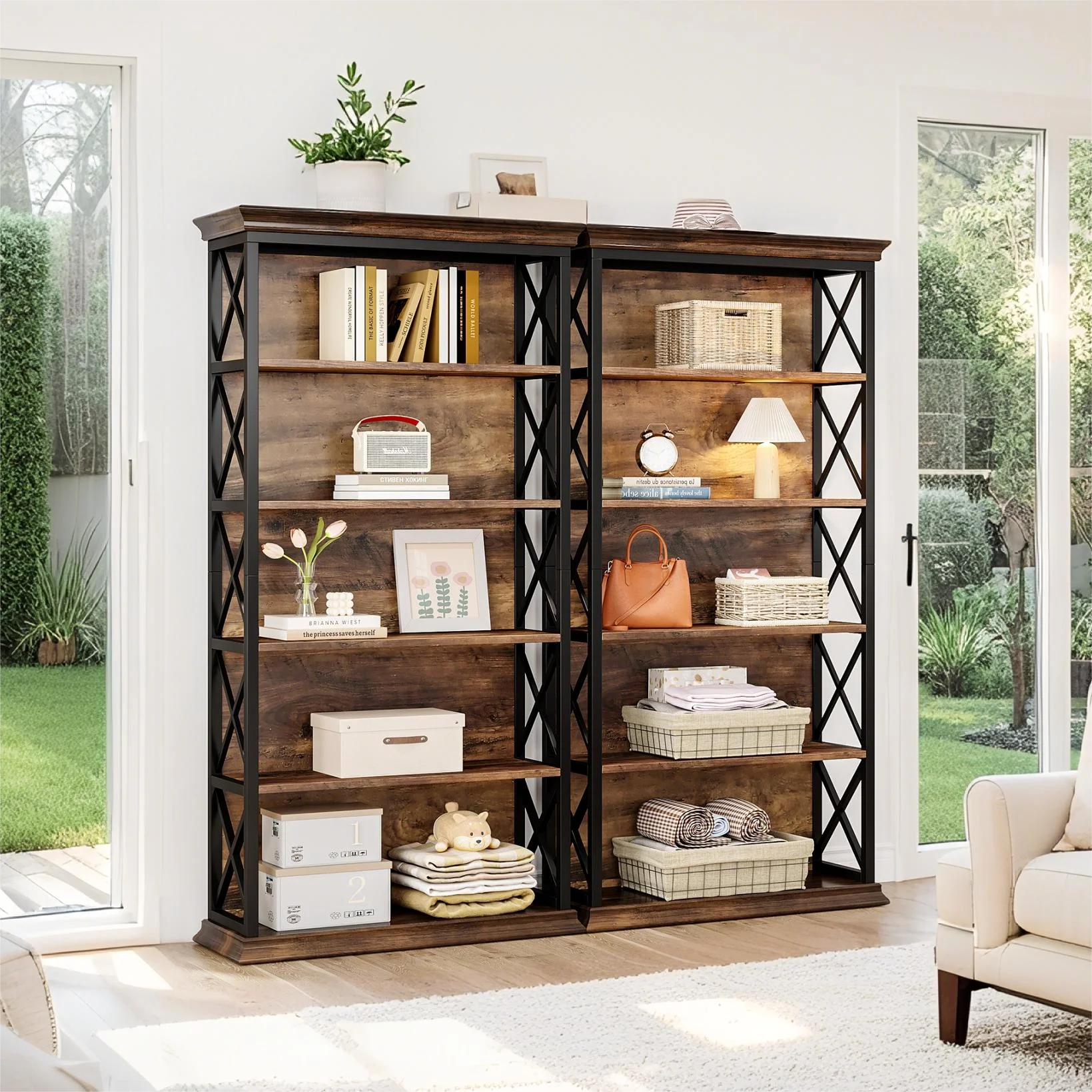 Fnova 71" 5-Tier Tall Bookshelf, Industrial Wood Bookcase with Metal Frame, Floor Standing Display Storage Shelves for Home Office, Living Room, Bedroom