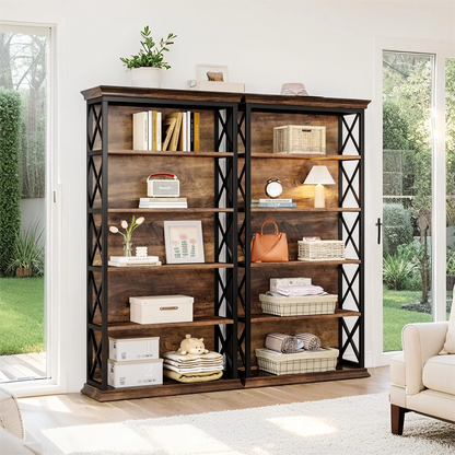 Fnova 71" 5-Tier Tall Bookshelf, Industrial Wood Bookcase with Metal Frame, Floor Standing Display Storage Shelves for Home Office, Living Room, Bedroom
