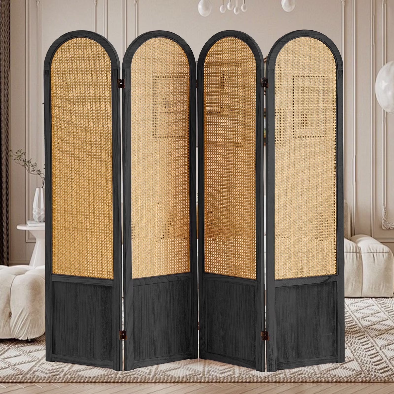 Aletheiawu 6 Panel Rattan Room Divider and Folding Privacy Screens, No Installation Required, Black
