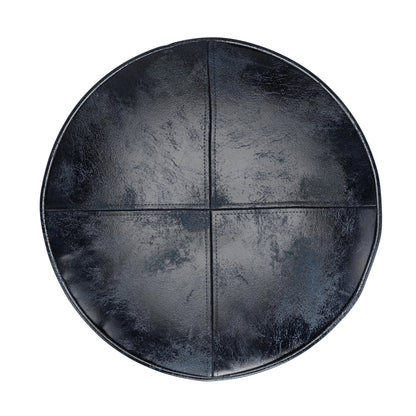 Simpli Home Connor Boho Round Pouf in Navy Blue Genuine Leather