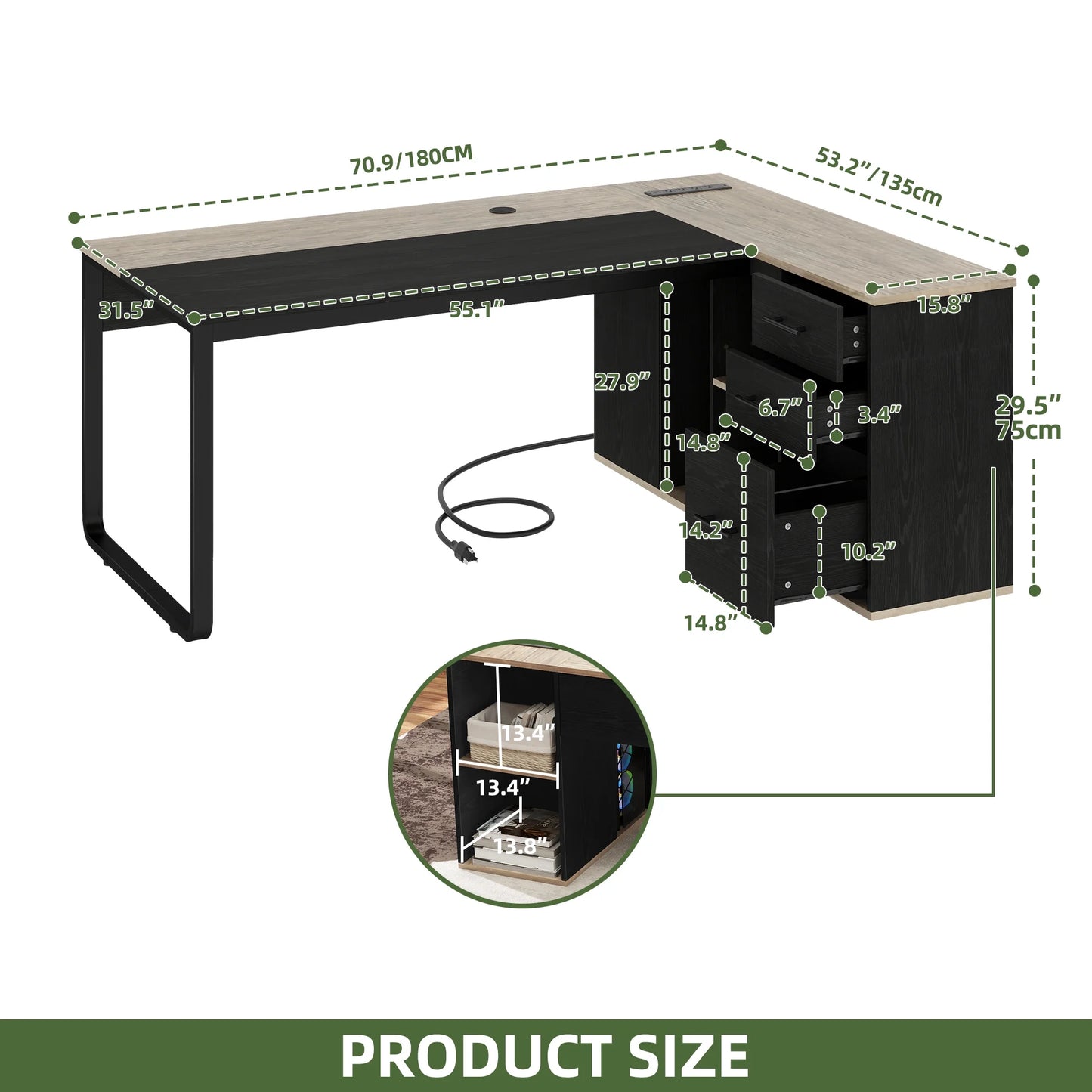 Uforic 71" L-Shaped Desk File Cabinet, Computer Desk with Power Outlets, Executive Desk for Home Office