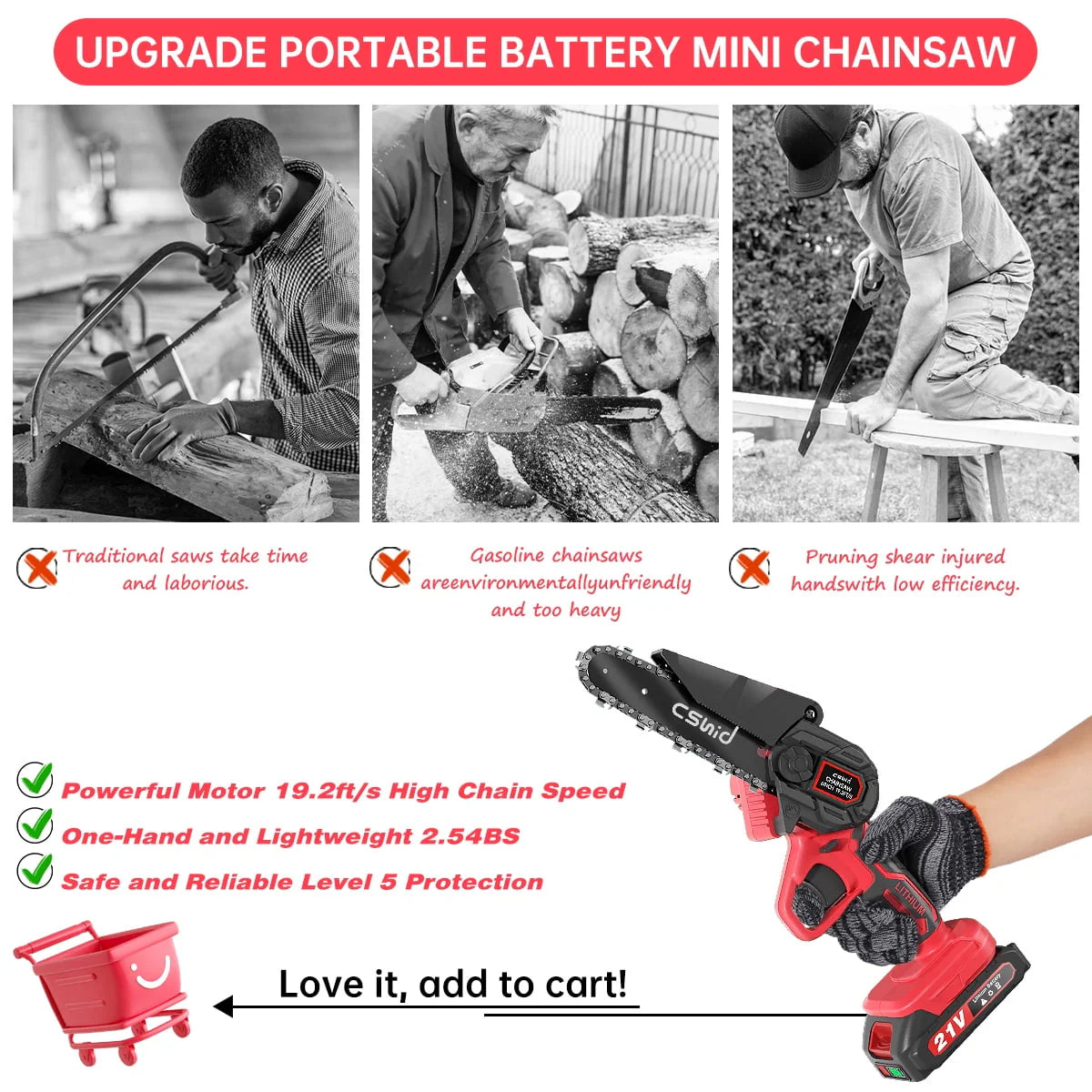 Mini Chainsaw 6 Inch Cordless, 2023 Upgrade Cordless Small Chainsaw, Battery Powered Hand Saw With Security Lock for Trees Branches Trimming Wood Cutting (2Pcs Batteries and 2Pcs Chains), Red