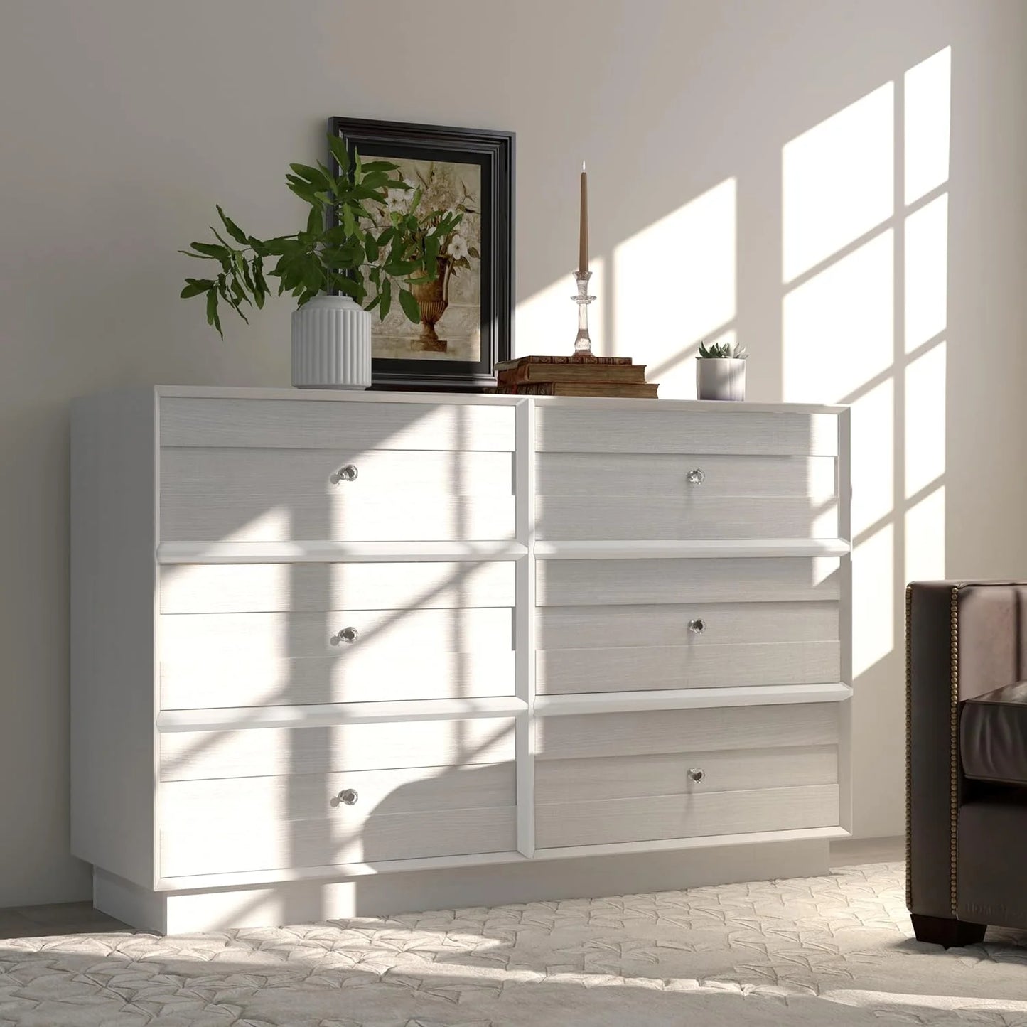 CozyHom 6 Drawers Dresser For Bedroom, Dressers Chest for Home Office, Wood Storage Cabinet for Living Room Hallway Closet, White