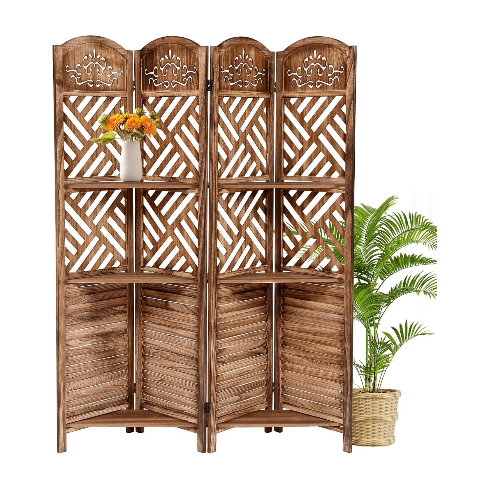 Wooden Room Divider Wall 4 Panel with Holes,5.6FT Tall Room Divider with Shelves,Folding Privacy Screens 67 in for Room Separation Home Office Bedroom