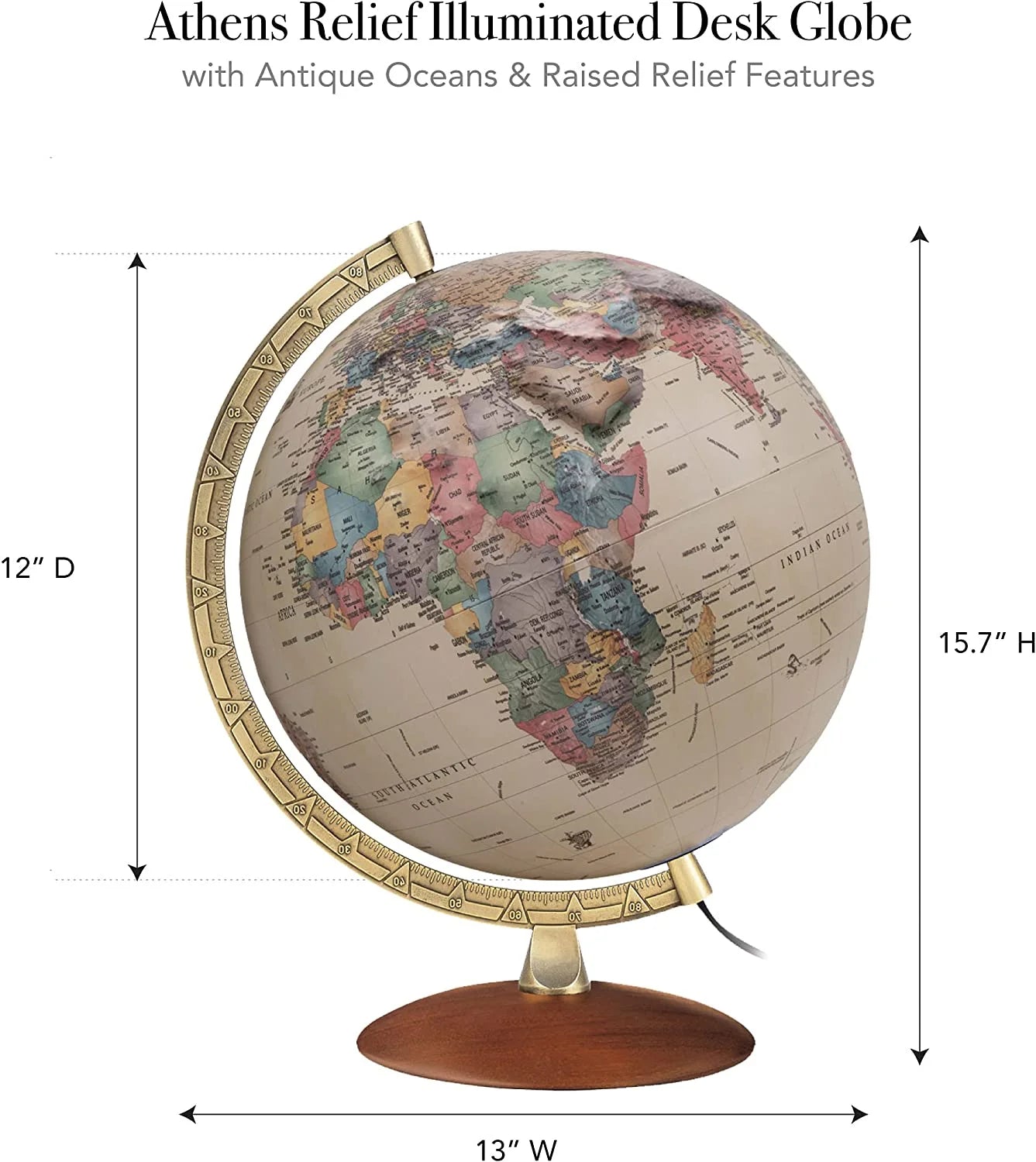 Athens Relief Globe, 12-inch Diameter, Illuminated, Raised Relief