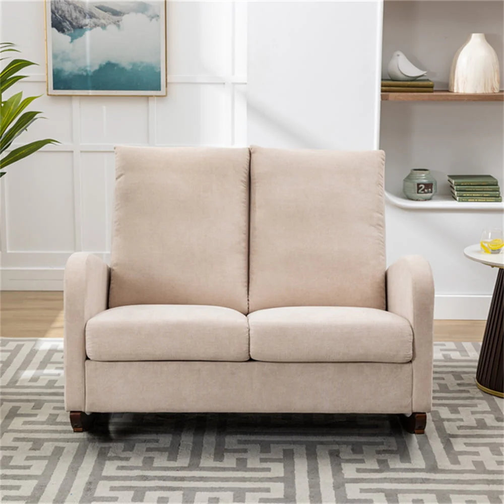 Modern Double Rocking Chair, Upholstered Oversized Glider Rocker for Baby Nursery and Kids, Loveseat Accent Armchair with High Back and Side Pocket, Extra Wide Lounge Chair for Living Room, Beige