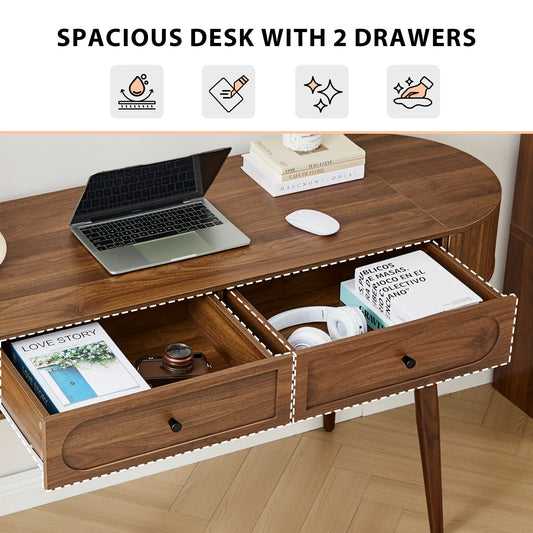 YOCWO Modern Home Office Desk with 2 Drawers and 2 Fflip-top Storage, Oval Computer PC Desk Table, Vanity Desk with Fluted Curved Table Edge, Walnut