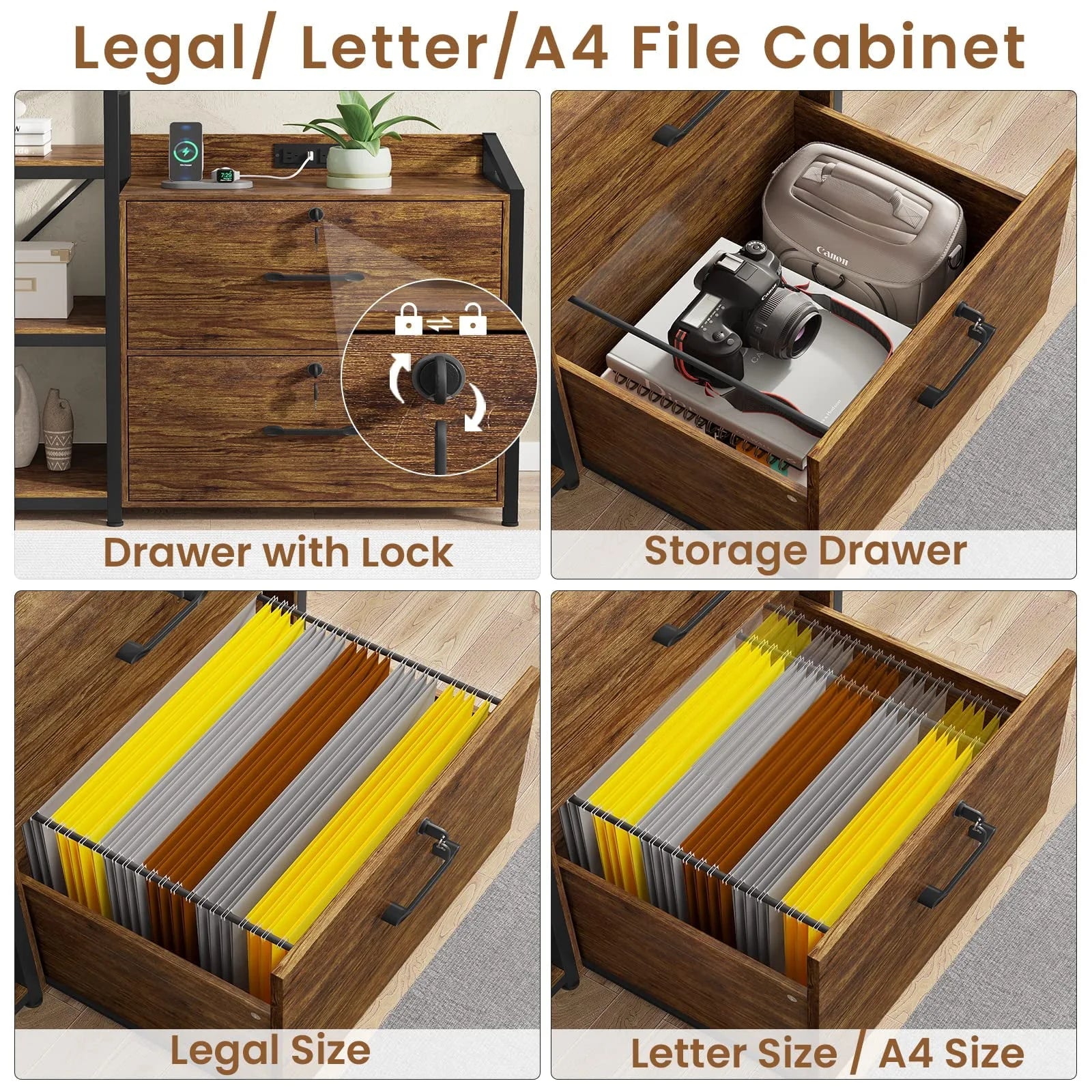 47" File Cabinet with Power Strip&2 Drawers, Lateral Filing Cabinet with Lock& Open Shelf for Home Office, Rustic Brown
