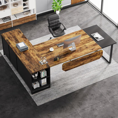 Tribesigns 70.8" L-Shaped Executive Desk with 55" File Cabinet, Modern L-Shaped Computer Desk with Storage Shelves and Cabinet for Home Office, Walnut White