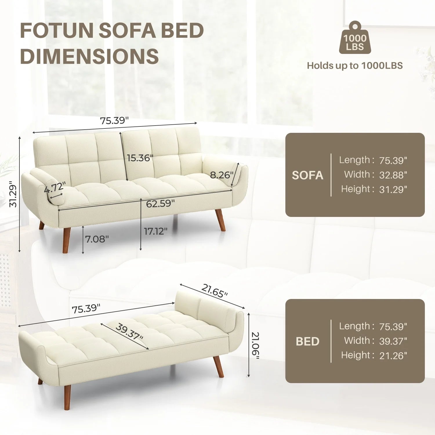 75.39 Inch Futon Sofa Bed-Convertible Couch Loveseat Sleeper for Living Room, Bedroom, Studio, Apartment, Dorm, Home Office Cream