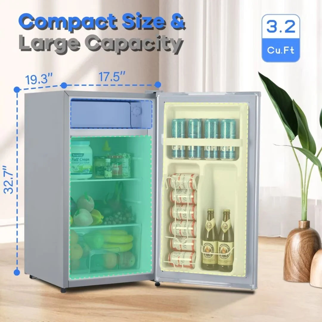 Mini Fridge with Freezer, 3.2 Cu. Ft Small Refrigerator with Adjustable Thermostat, Reversible Door for Home Office, White