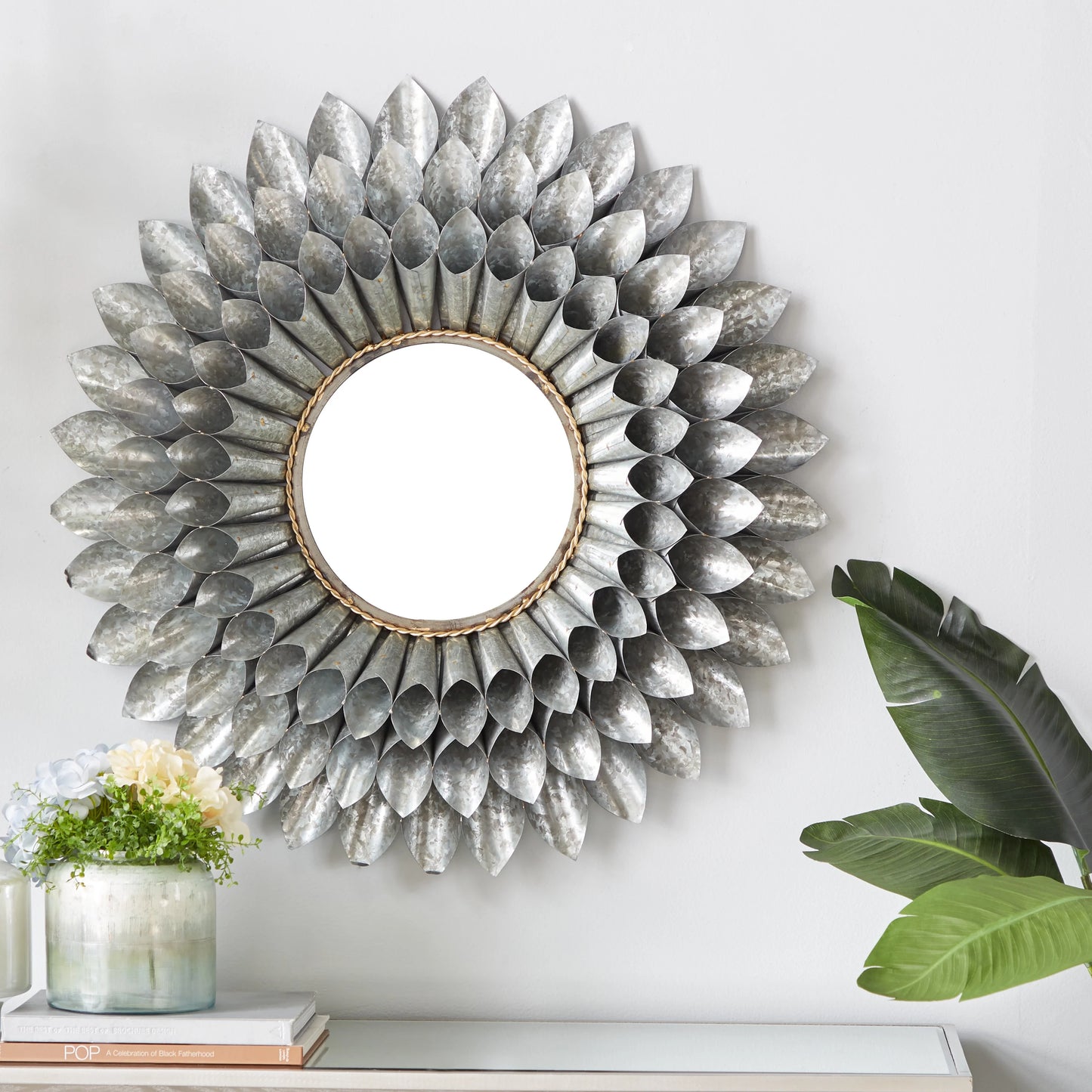 DecMode 32"W, 32"H Round Wall Mirror, Grey