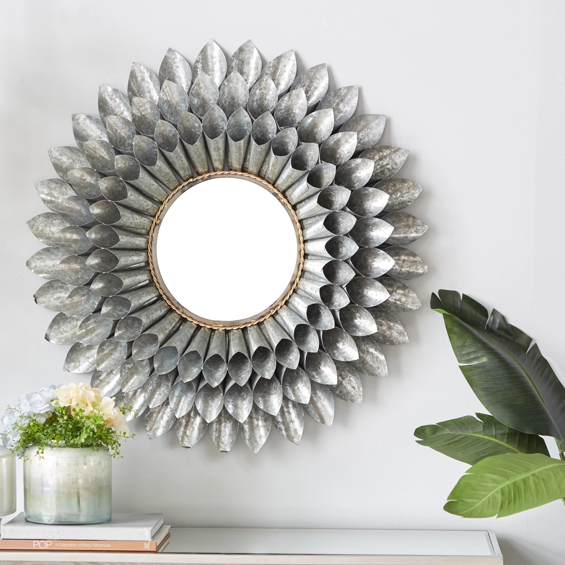 DecMode 32"W, 32"H Round Wall Mirror, Grey