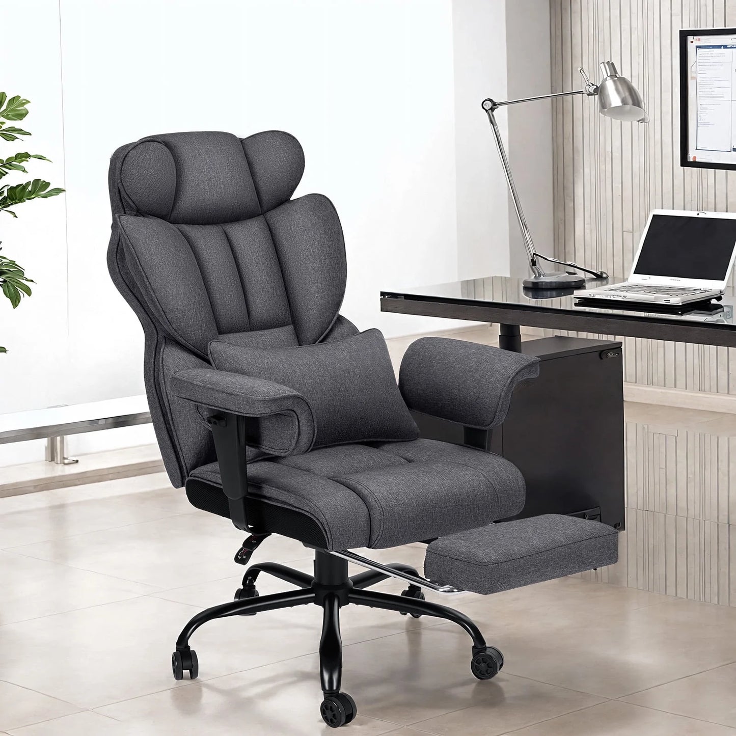 Hoffree Big and Tall Fabric Office Chair 450lbs, Executive Desk Chair with Massage Ergonomic Computer Chair with Footrest Reclining Desk Office Chair with Lumbar Support for Home Office