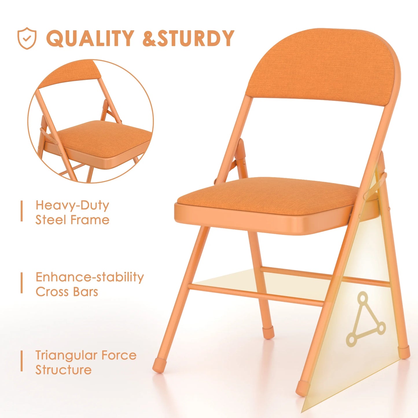 VECELO Set of 4 Folding Chairs, Fabric Dining Chair Set with Padded Cushion and Back, Indoor Outdoor Upholstered Seat with Metal Frame for Home Office Events Wedding Party, Orange