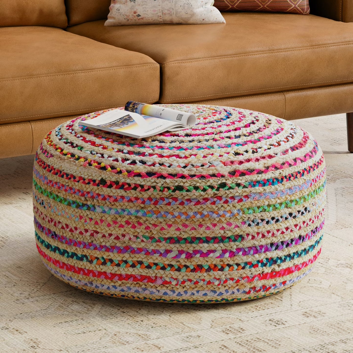 Splendid Multicolor Jute Round Pouf, 30x30x14 Inch, Woven Boho Contemporary Accent & Footstool