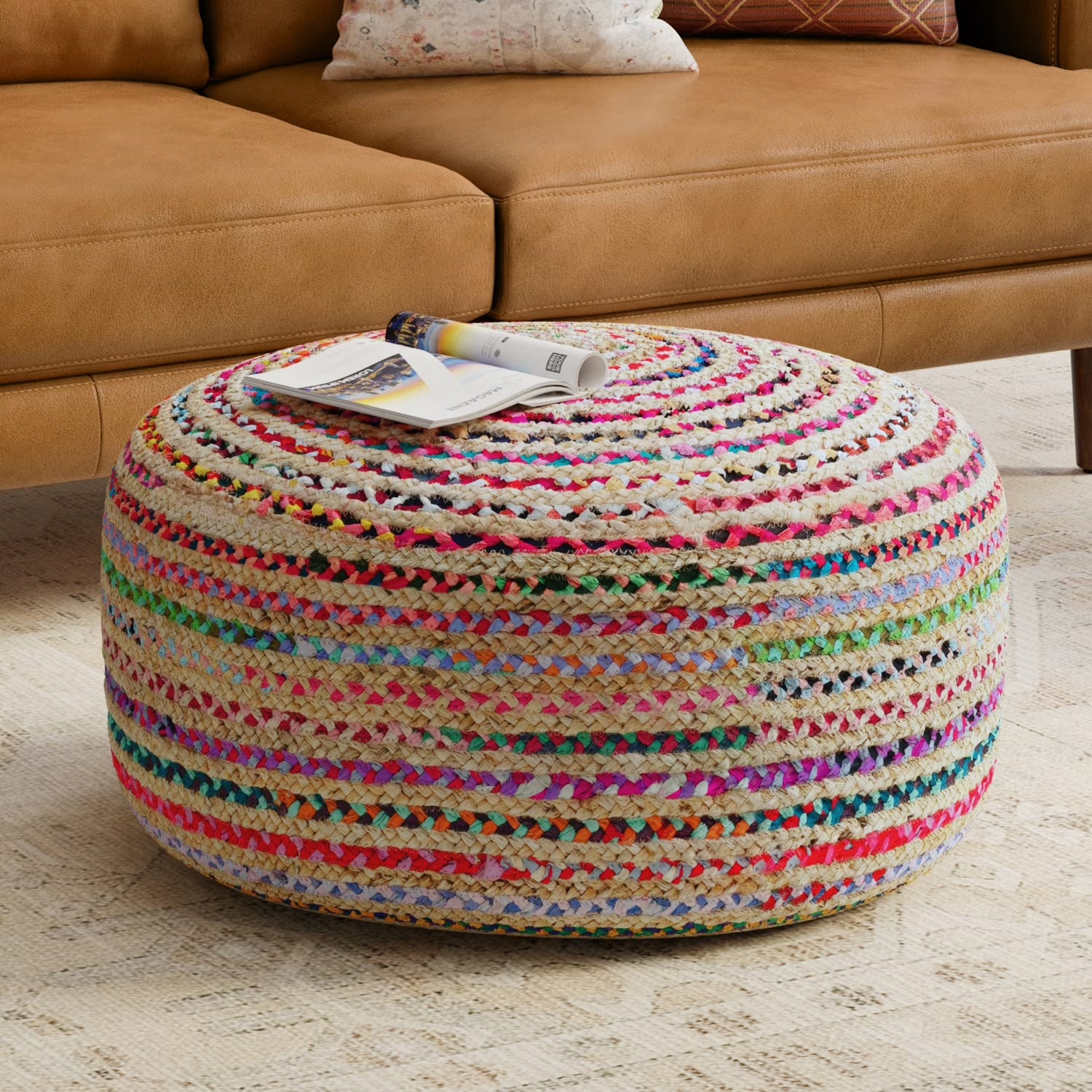 Splendid Multicolor Jute Round Pouf, 30x30x14 Inch, Woven Boho Contemporary Accent & Footstool