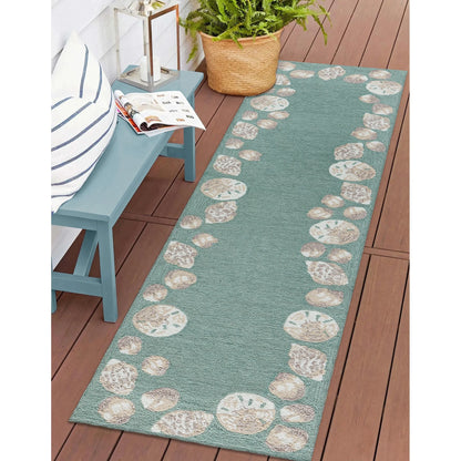Liora Manne Capri Area Rug Aqua Seashell Border Indoor Outdoor Weather Resistant