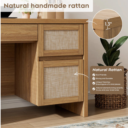 Brafab Home Office Desk with Charging Station, 5-Drawer Executive Desk with Rattan Front, Modern Farmhouse Computer Writing Desk, Built-in USB/Type-C Ports & Outlets