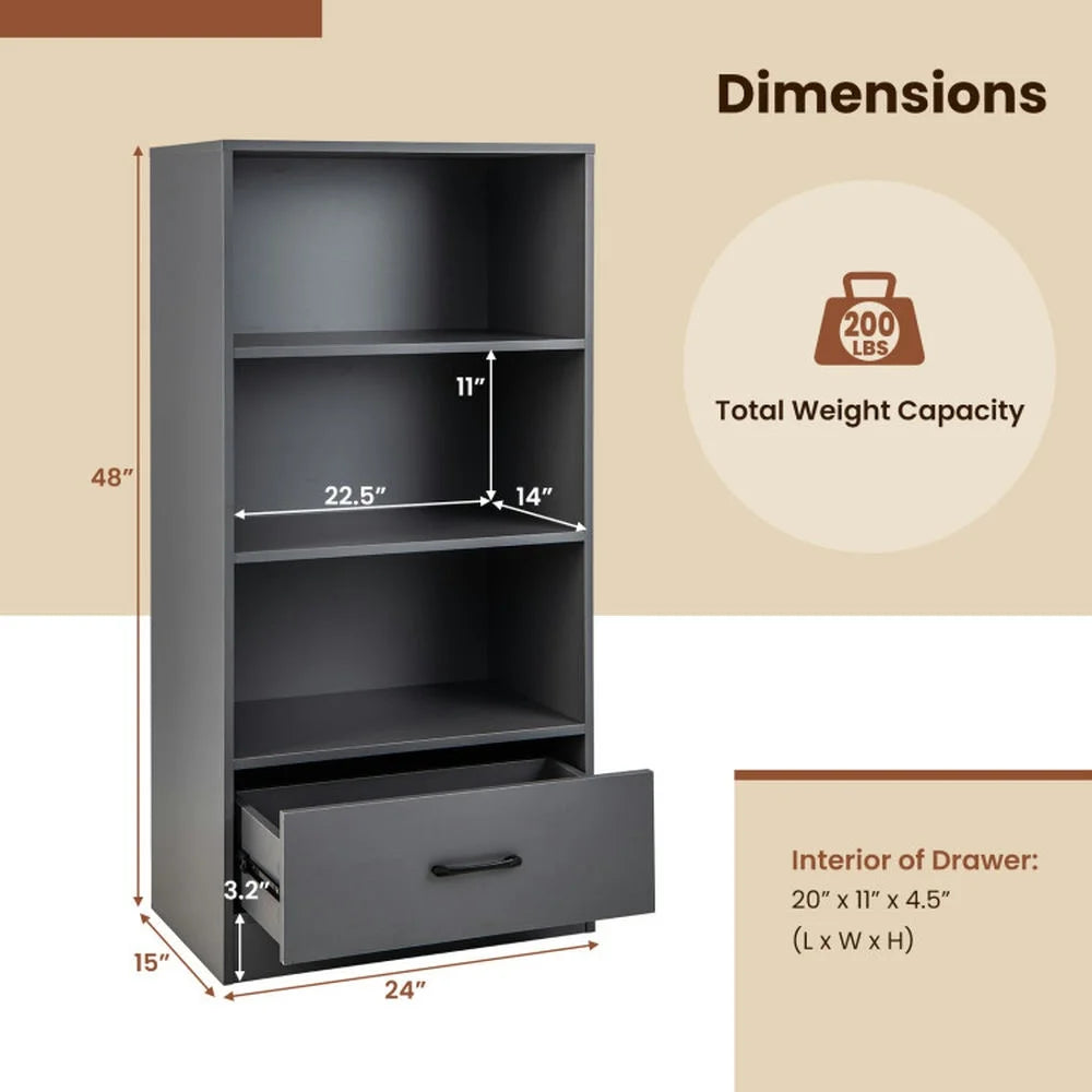 Spaco 48 Inch Tall 4 Tiers Wood Bookcase with Drawer-Gray, Tall Bookshelf, Shelves for Living Room, Home Office, Bedroom, Balcony