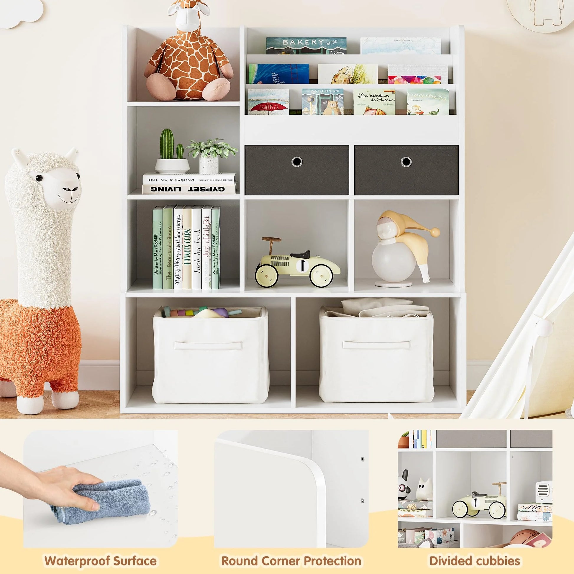 Toy Storage Organizer 47.8in Kids Bookshelf with Drawers Modern Bookcase with Cubbies Floor Storage Cabinet Wooden Toy Chest Playroom, Classroom, Nursery, Kids Room (White)