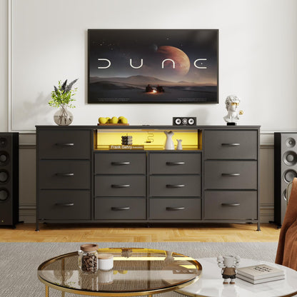 Danolapsi 12-Drawer Dresser with Charging Station & LED Lights, Fabric Chest of Drawers with Sturdy Metal Frame, Wood Top TV Stand, Storage Organizer for Bedroom, Closet, Entryway, Nursery