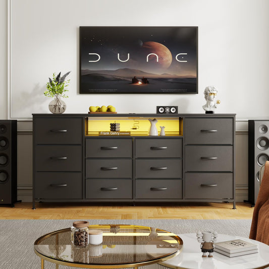 Danolapsi 12-Drawer Dresser with Charging Station & LED Lights, Fabric Chest of Drawers with Sturdy Metal Frame, Wood Top TV Stand, Storage Organizer for Bedroom, Closet, Entryway, Nursery