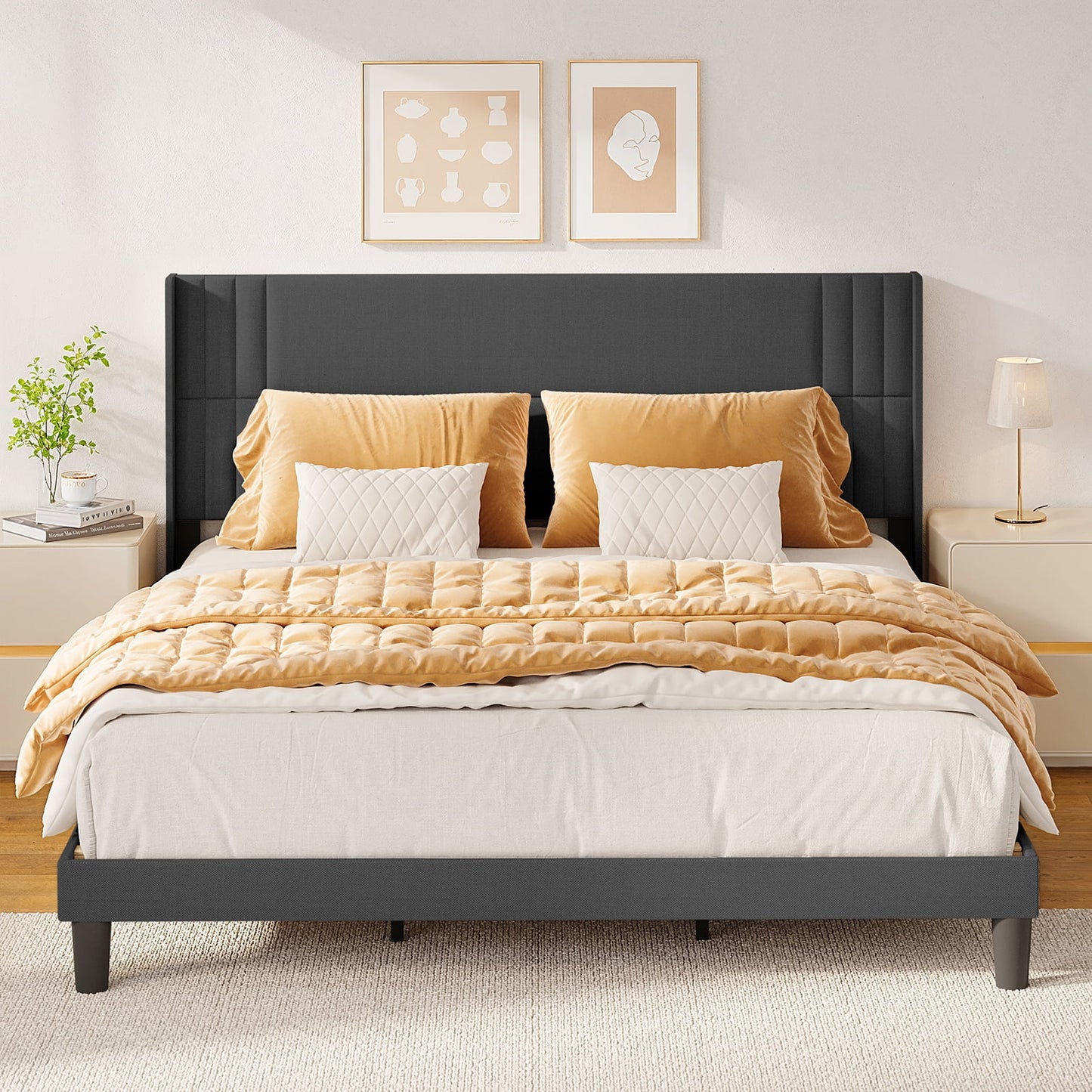 Bedroom Furniture Set - Includes Queen Bed Frame, Nightstands Set of 2, 5-Drawer Dresser & Double Wide 6-Drawer Dresser - Modern Storage Solution for Stylish Home Decor, Black
