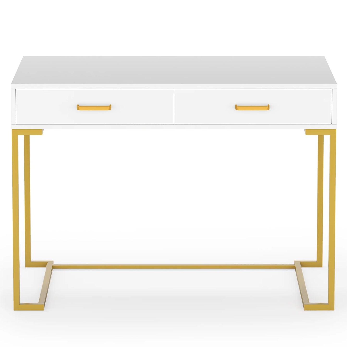 Tribesigns Modern 40" Makeup Dresser or Home Office Computer Laptop Writing Desk with Two Storage Drawers, White Top and Gold Metal Frame