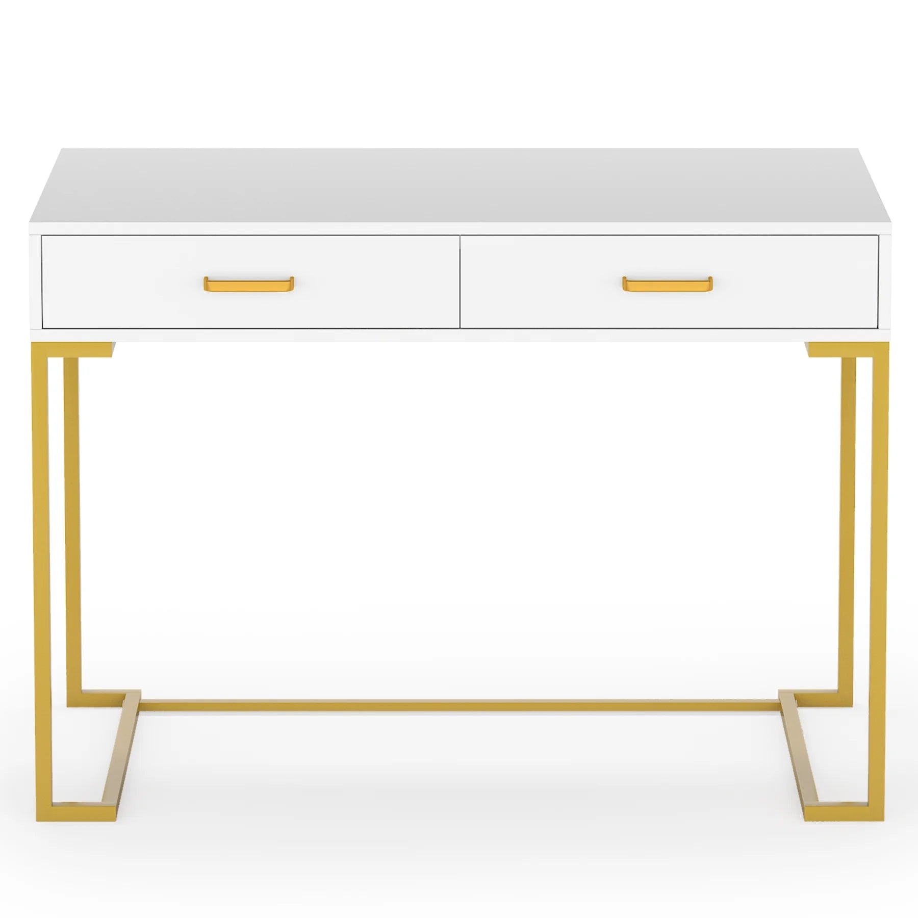 Tribesigns Modern 40" Makeup Dresser or Home Office Computer Laptop Writing Desk with Two Storage Drawers, White Top and Gold Metal Frame